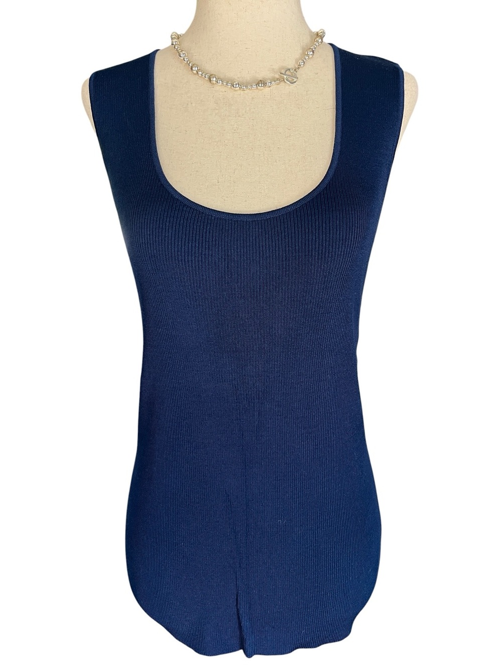 St. John Navy WOOL/RAYON RIBBED KNIT SCOOP NECK TANK TOP